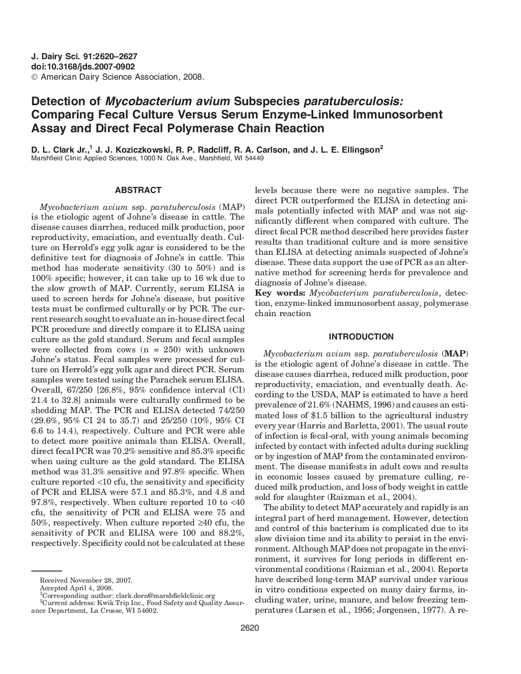 Detection of Mycobacterium avium Subspecies paratuberculosis: Comparing Fecal Culture Versus Serum Enzyme-Linked Immunosorbent Assay and Direct Fecal Polymerase Chain Reaction