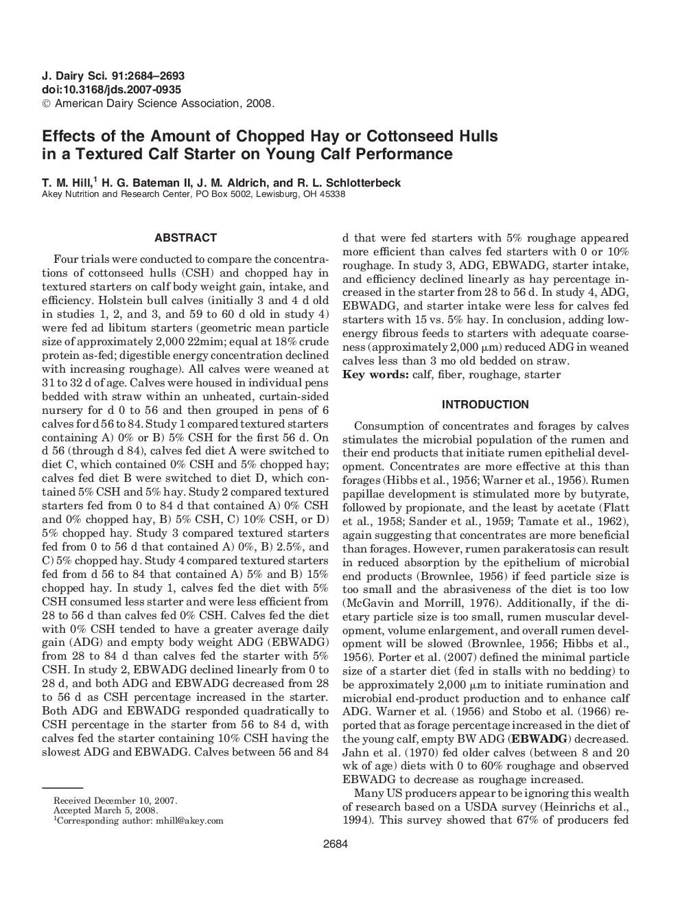 Effects of the Amount of Chopped Hay or Cottonseed Hulls in a Textured Calf Starter on Young Calf Performance