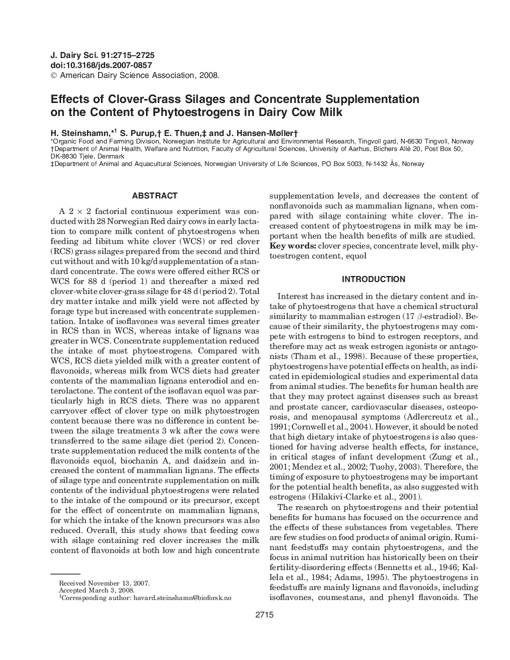 Effects of Clover-Grass Silages and Concentrate Supplementation on the Content of Phytoestrogens in Dairy Cow Milk