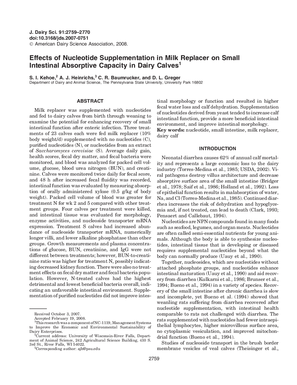 Effects of Nucleotide Supplementation in Milk Replacer on Small Intestinal Absorptive Capacity in Dairy Calves1