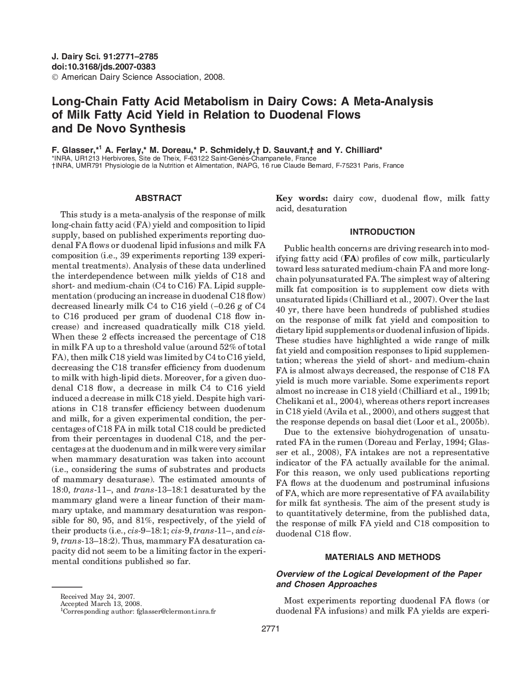 Long-Chain Fatty Acid Metabolism in Dairy Cows: A Meta-Analysis of Milk Fatty Acid Yield in Relation to Duodenal Flows and De Novo Synthesis