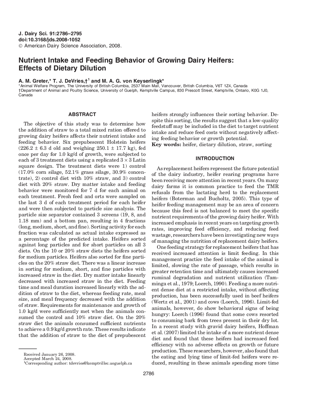 Nutrient Intake and Feeding Behavior of Growing Dairy Heifers: Effects of Dietary Dilution