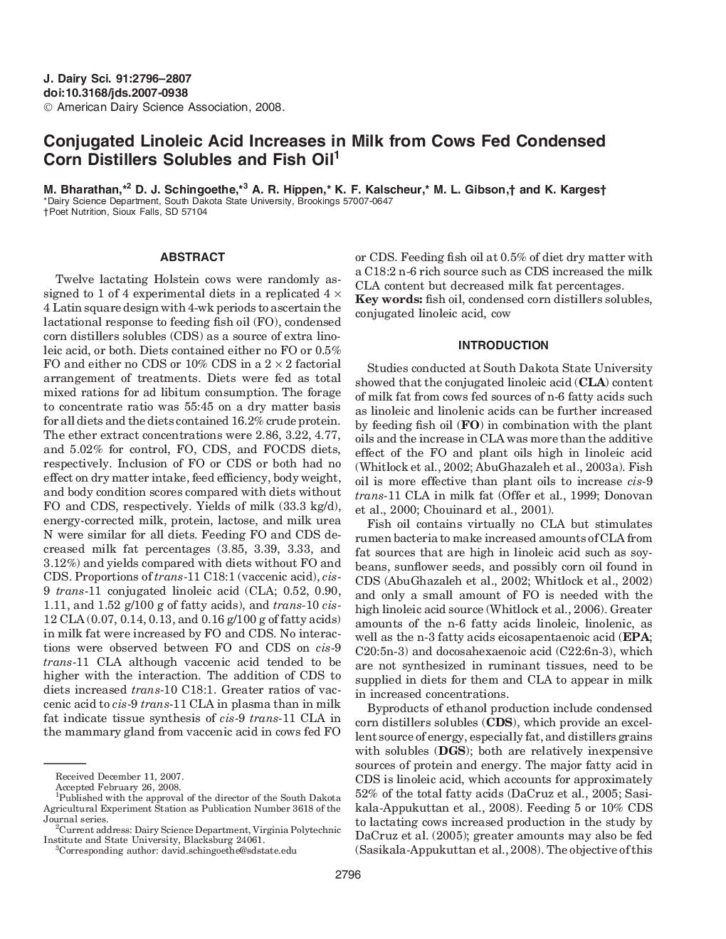 Conjugated Linoleic Acid Increases in Milk from Cows Fed Condensed Corn Distillers Solubles and Fish Oil1