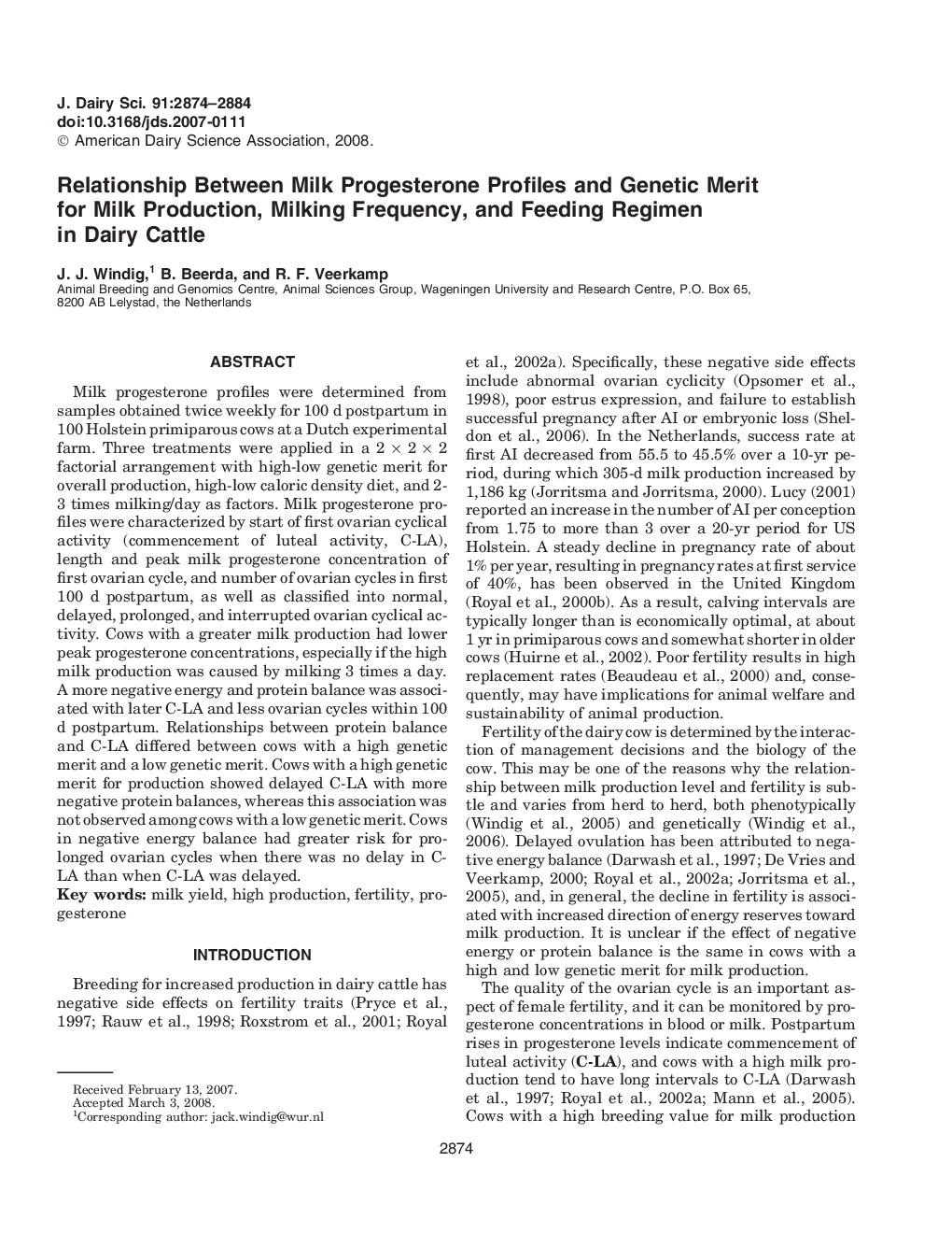 Relationship Between Milk Progesterone Profiles and Genetic Merit for Milk Production, Milking Frequency, and Feeding Regimen in Dairy Cattle