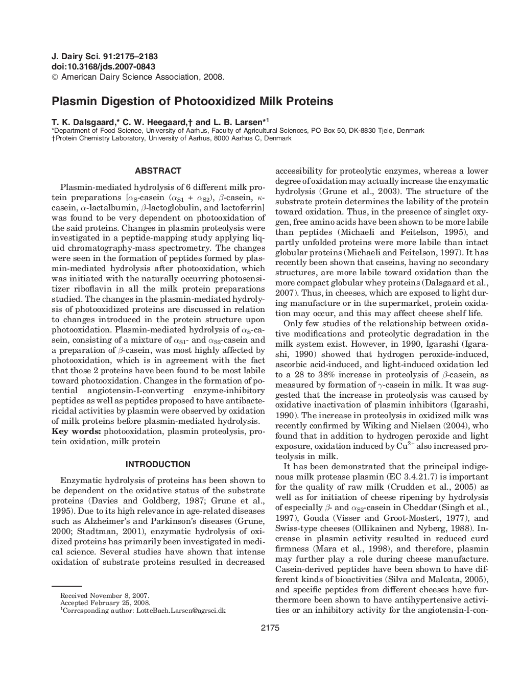 Plasmin Digestion of Photooxidized Milk Proteins