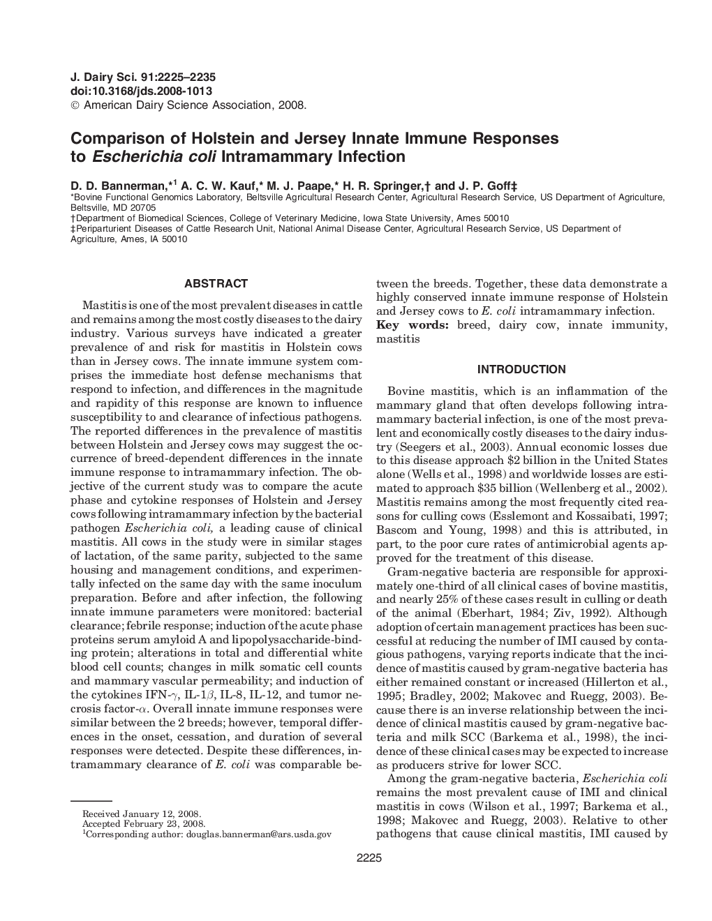 Comparison of Holstein and Jersey Innate Immune Responses to Escherichia coli Intramammary Infection