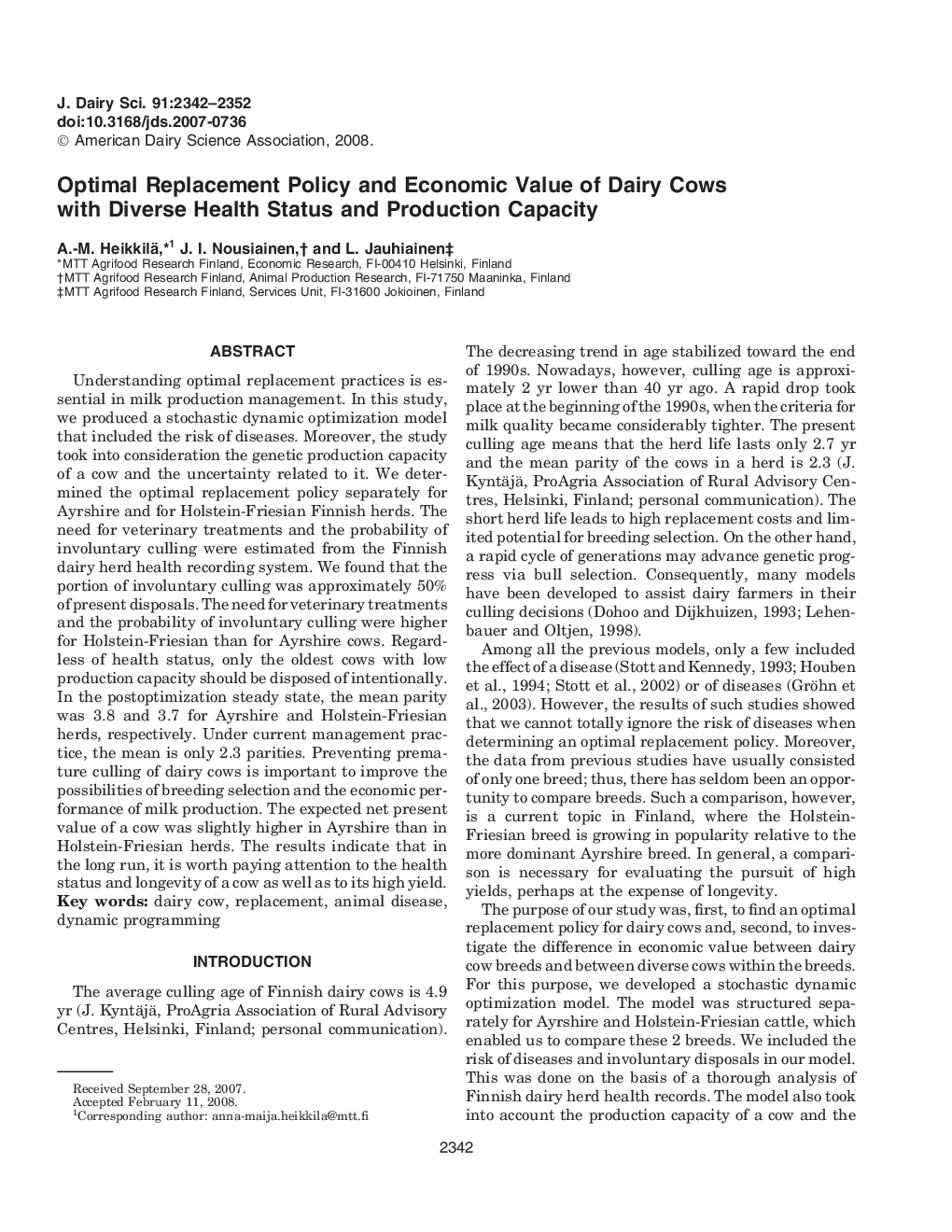 Optimal Replacement Policy and Economic Value of Dairy Cows with Diverse Health Status and Production Capacity