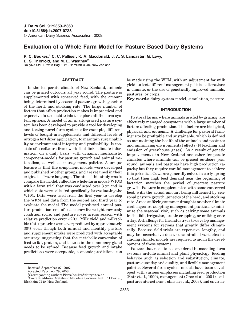 Evaluation of a Whole-Farm Model for Pasture-Based Dairy Systems