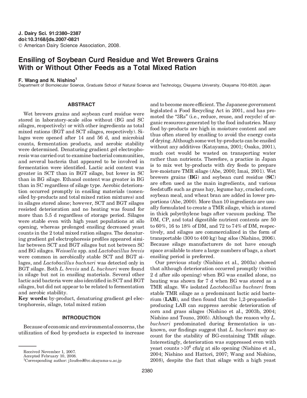 Ensiling of Soybean Curd Residue and Wet Brewers Grains With or Without Other Feeds as a Total Mixed Ration