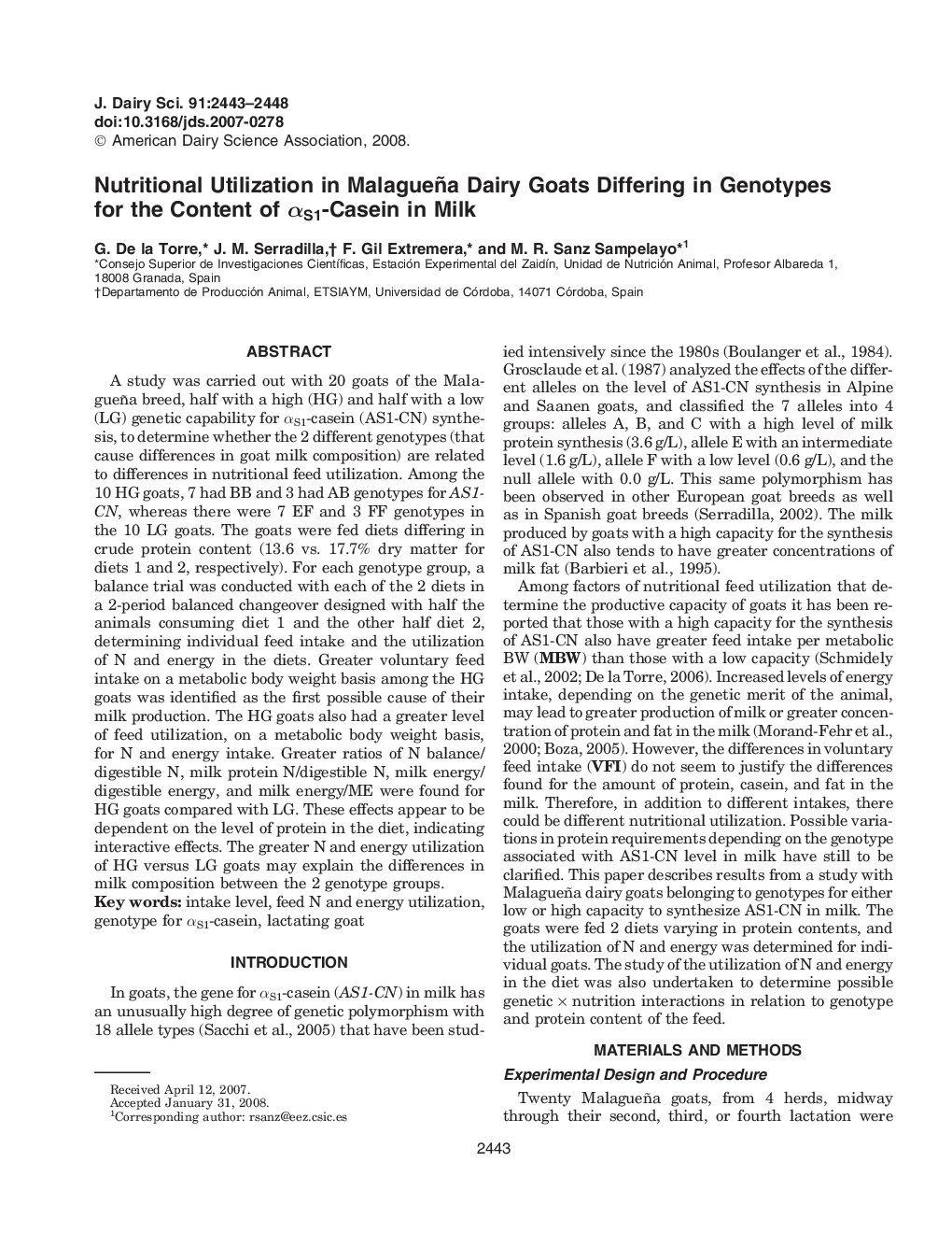 Nutritional Utilization in Malagueña Dairy Goats Differing in Genotypes for the Content of Î±S1-Casein in Milk