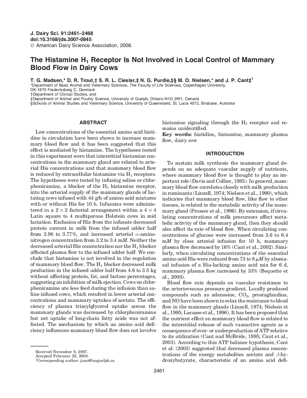 The Histamine H1 Receptor Is Not Involved in Local Control of Mammary Blood Flow in Dairy Cows