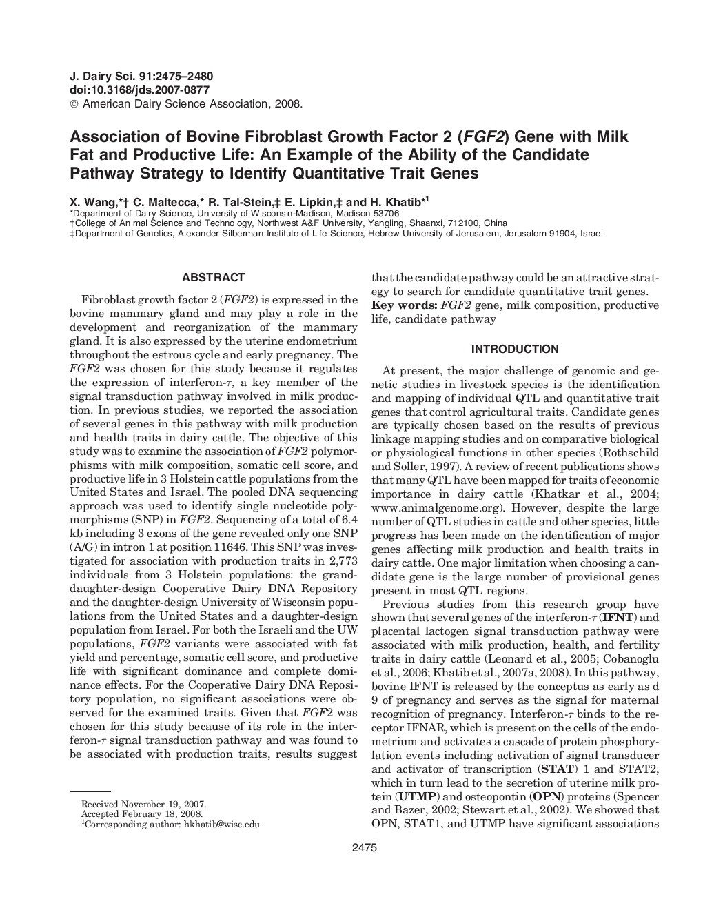 Association of Bovine Fibroblast Growth Factor 2 (FGF2) Gene with Milk Fat and Productive Life: An Example of the Ability of the Candidate Pathway Strategy to Identify Quantitative Trait Genes