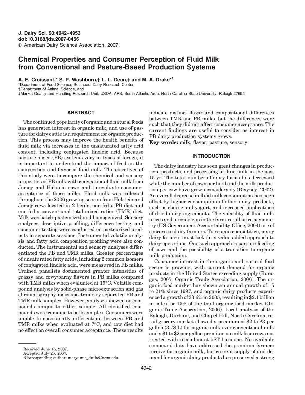 Chemical Properties and Consumer Perception of Fluid Milk from Conventional and Pasture-Based Production Systems