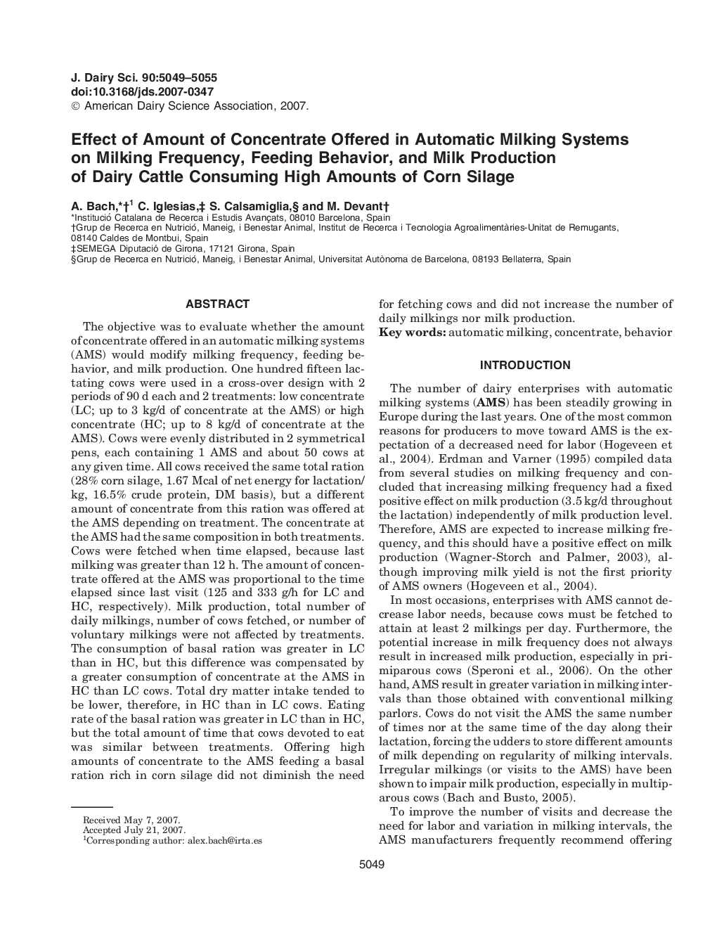 Effect of Amount of Concentrate Offered in Automatic Milking Systems on Milking Frequency, Feeding Behavior, and Milk Production of Dairy Cattle Consuming High Amounts of Corn Silage