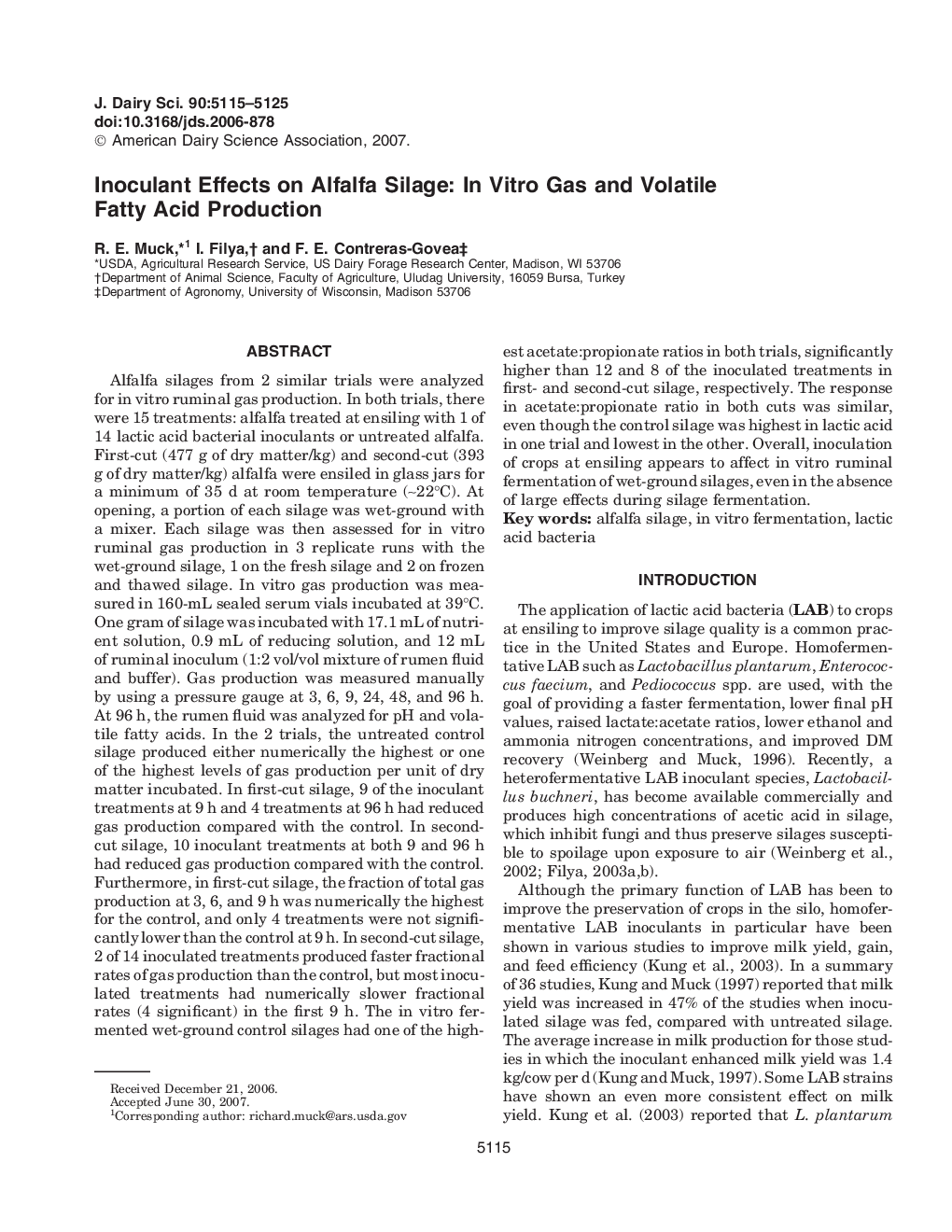 Inoculant Effects on Alfalfa Silage: In Vitro Gas and Volatile Fatty Acid Production