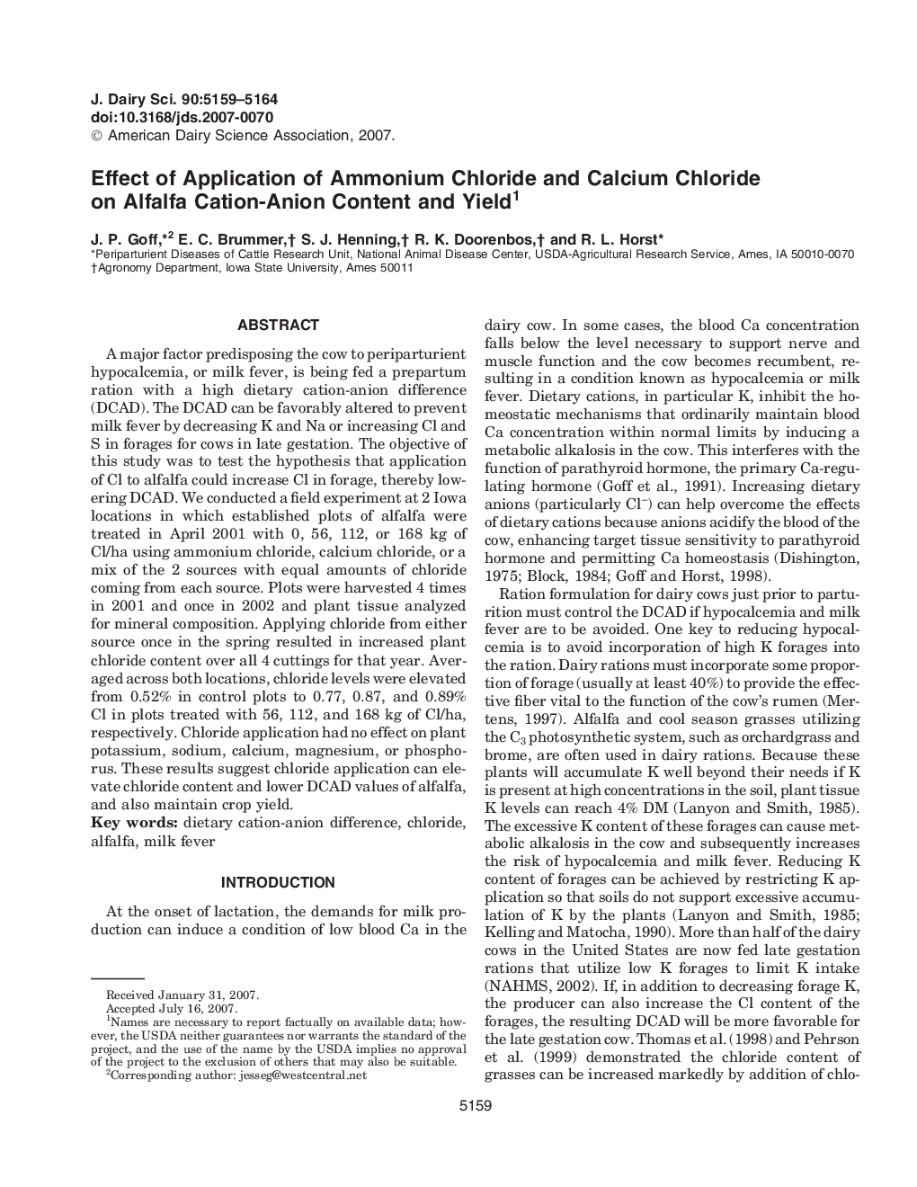 Effect of Application of Ammonium Chloride and Calcium Chloride on Alfalfa Cation-Anion Content and Yield1