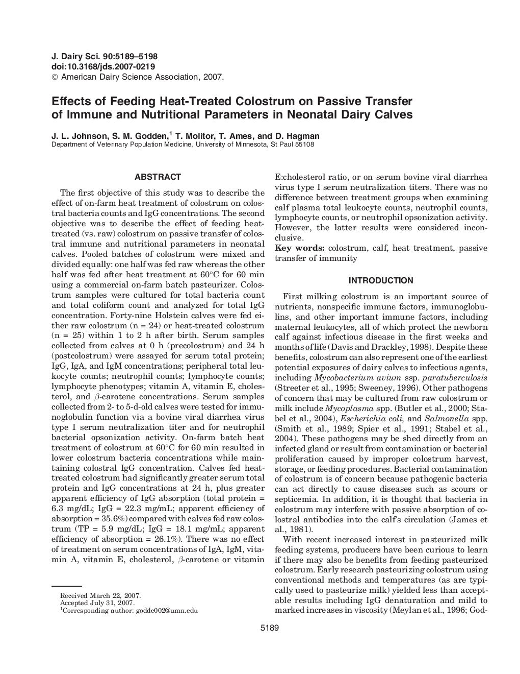 Effects of Feeding Heat-Treated Colostrum on Passive Transfer of Immune and Nutritional Parameters in Neonatal Dairy Calves