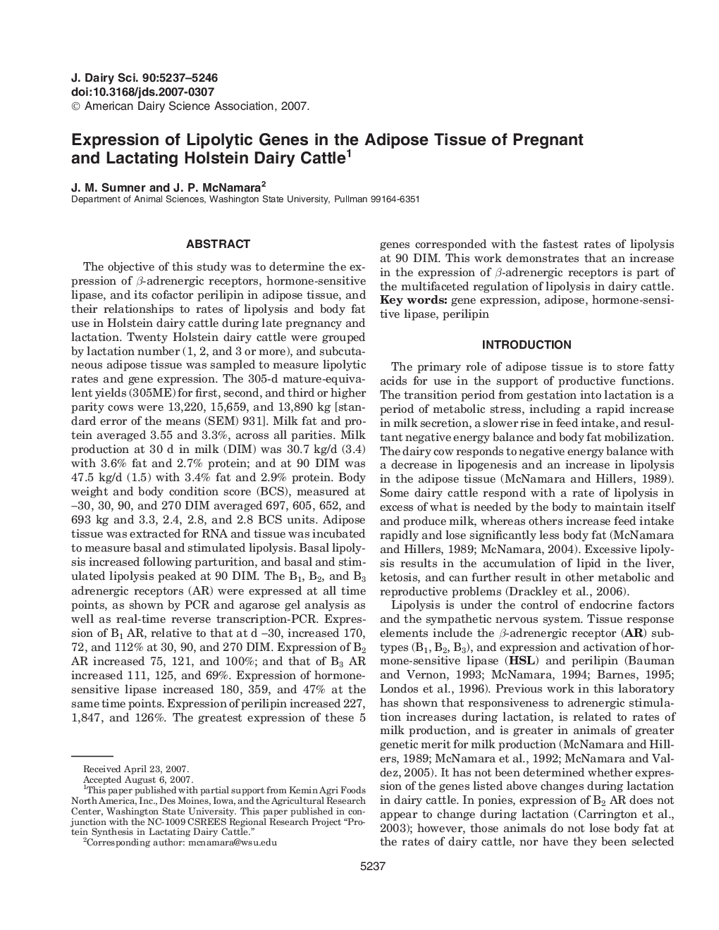 Expression of Lipolytic Genes in the Adipose Tissue of Pregnant and Lactating Holstein Dairy Cattle1