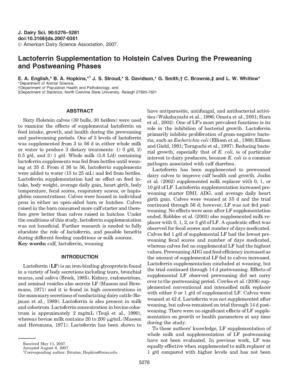 Lactoferrin Supplementation to Holstein Calves During the Preweaning and Postweaning Phases