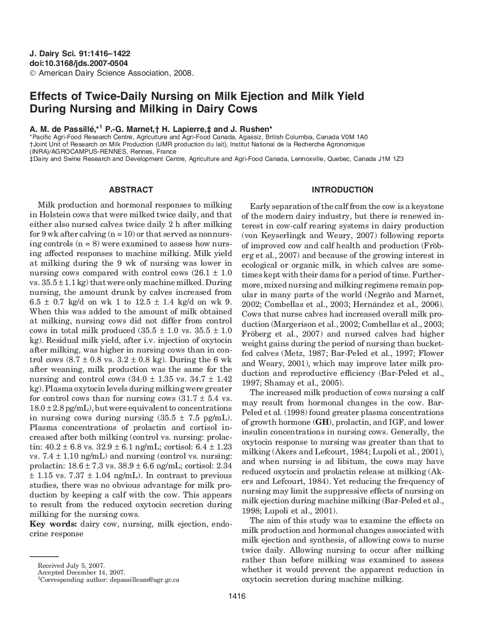 Effects of Twice-Daily Nursing on Milk Ejection and Milk Yield During Nursing and Milking in Dairy Cows