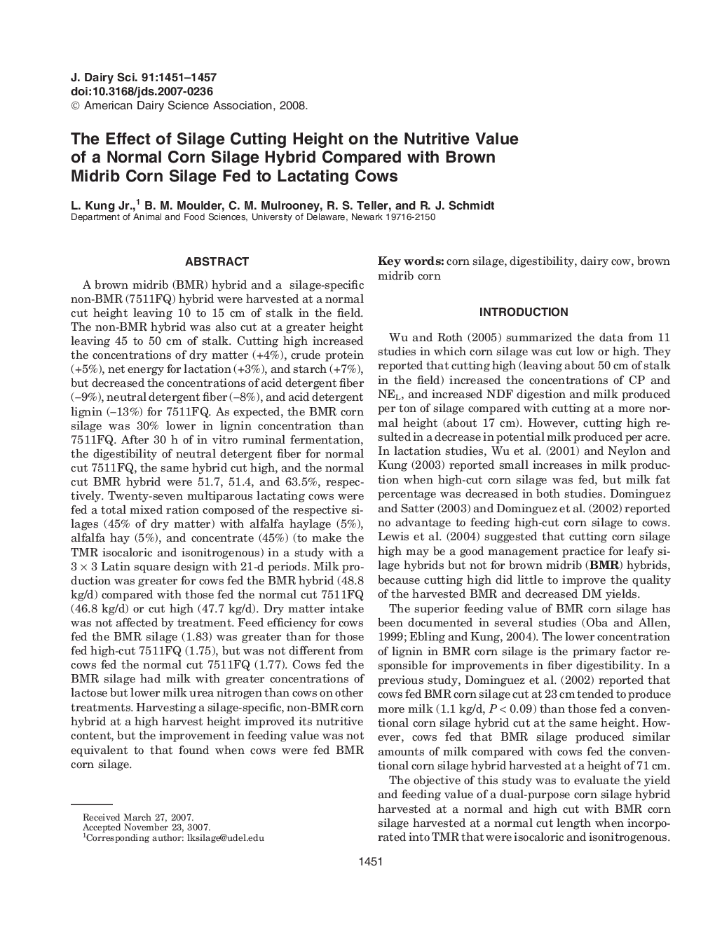 The Effect of Silage Cutting Height on the Nutritive Value of a Normal Corn Silage Hybrid Compared with Brown Midrib Corn Silage Fed to Lactating Cows