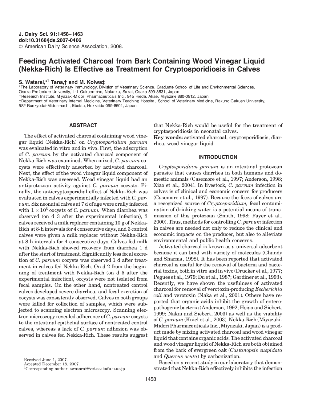 Feeding Activated Charcoal from Bark Containing Wood Vinegar Liquid (Nekka-Rich) Is Effective as Treatment for Cryptosporidiosis in Calves