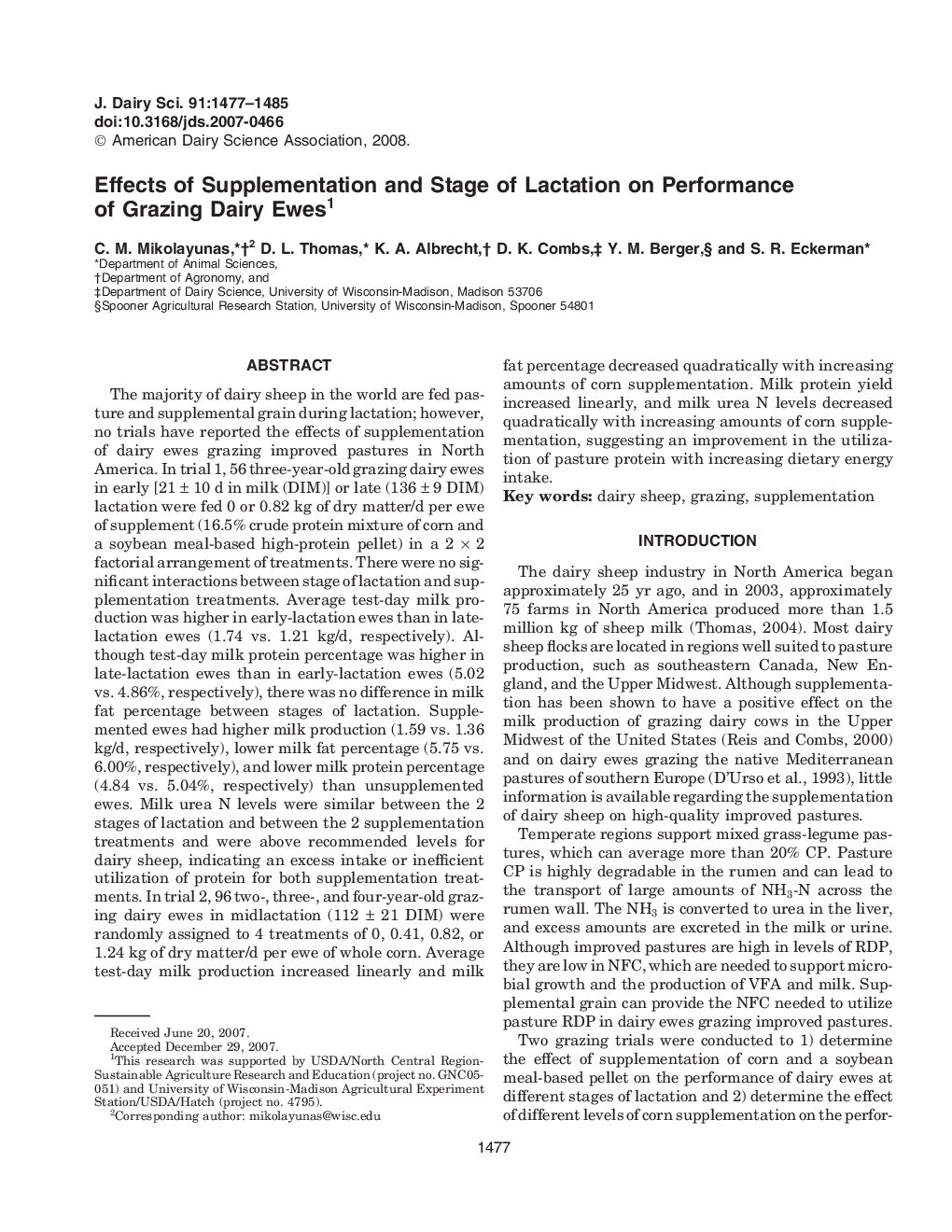 Effects of Supplementation and Stage of Lactation on Performance of Grazing Dairy Ewes1