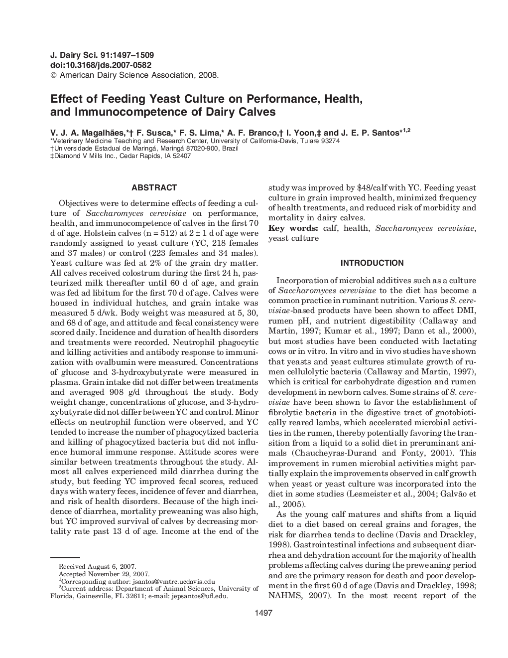 Effect of Feeding Yeast Culture on Performance, Health, and Immunocompetence of Dairy Calves