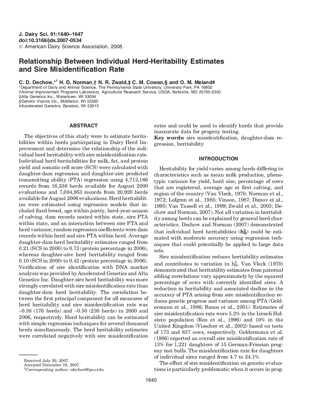 Relationship Between Individual Herd-Heritability Estimates and Sire Misidentification Rate