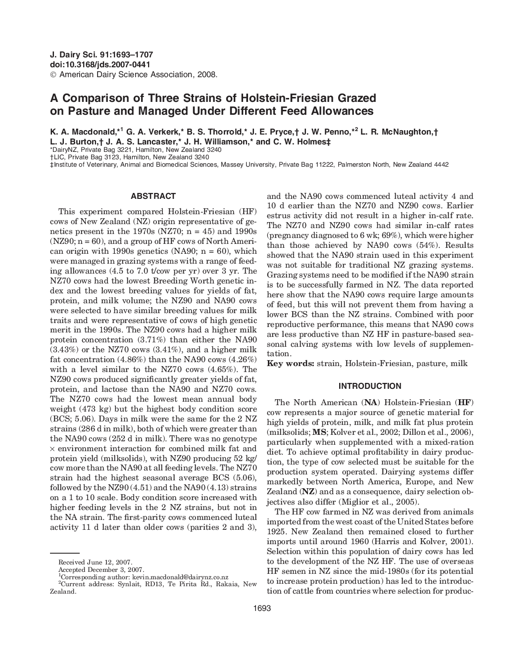 A Comparison of Three Strains of Holstein-Friesian Grazed on Pasture and Managed Under Different Feed Allowances