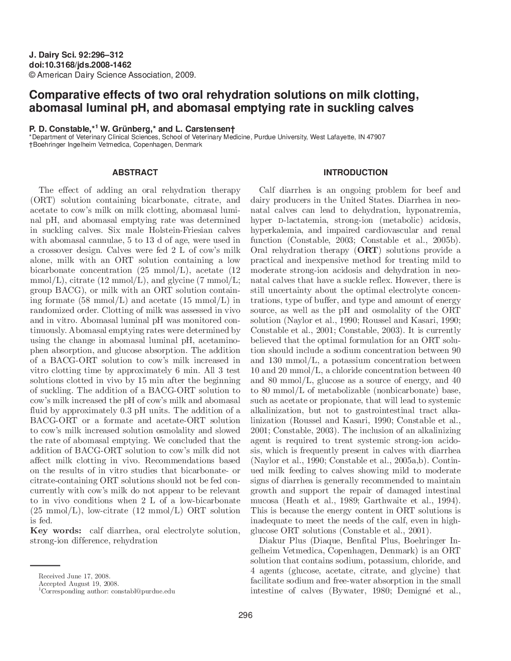 Comparative effects of two oral rehydration solutions on milk clotting, abomasal luminal pH, and abomasal emptying rate in suckling calves