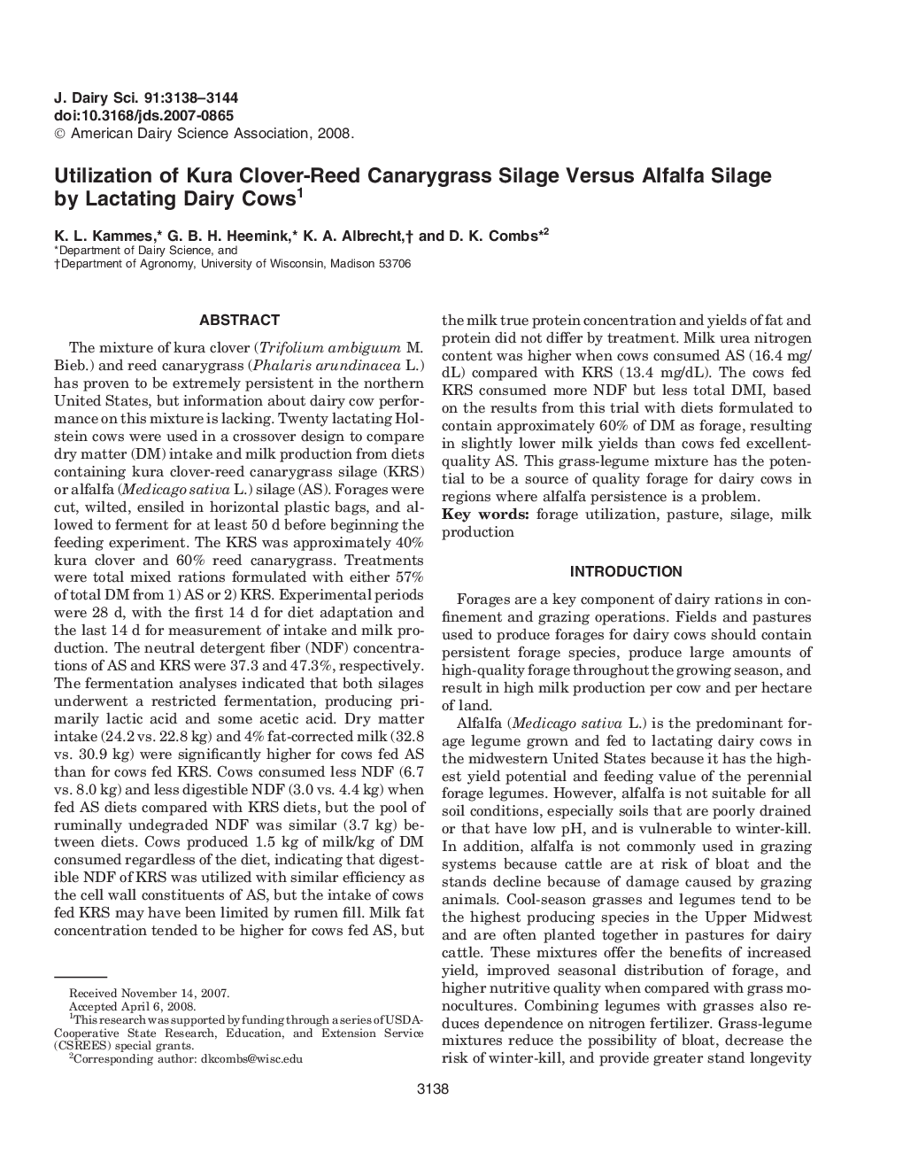 Utilization of Kura Clover-Reed Canarygrass Silage Versus Alfalfa Silage by Lactating Dairy Cows1