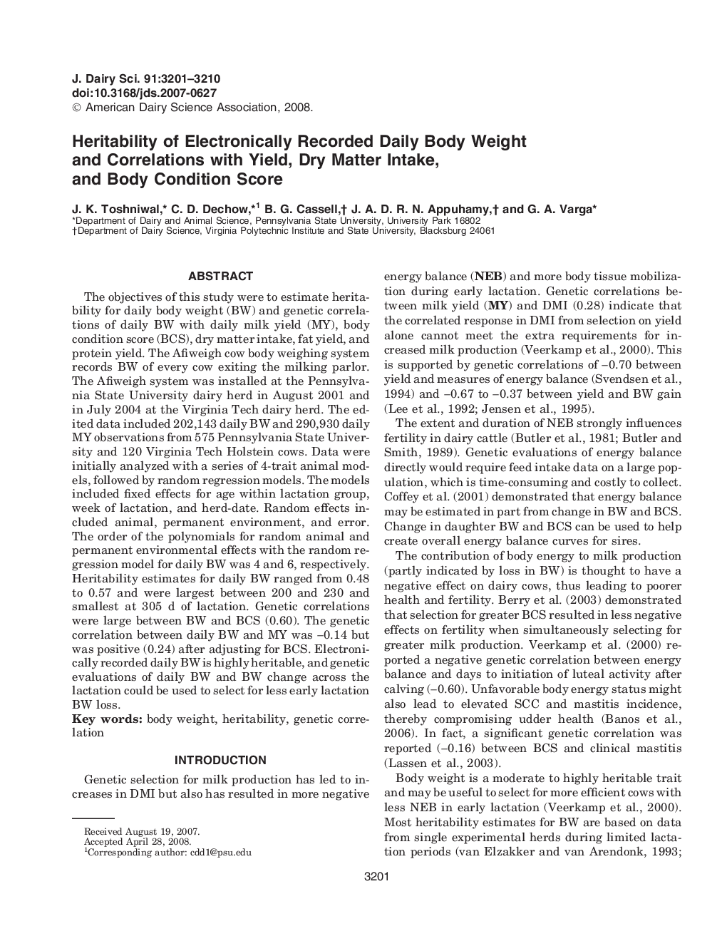 Heritability of Electronically Recorded Daily Body Weight and Correlations with Yield, Dry Matter Intake, and Body Condition Score