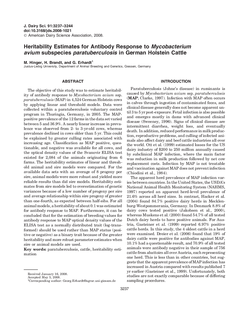 Heritability Estimates for Antibody Response to Mycobacterium avium subspecies paratuberculosis in German Holstein Cattle