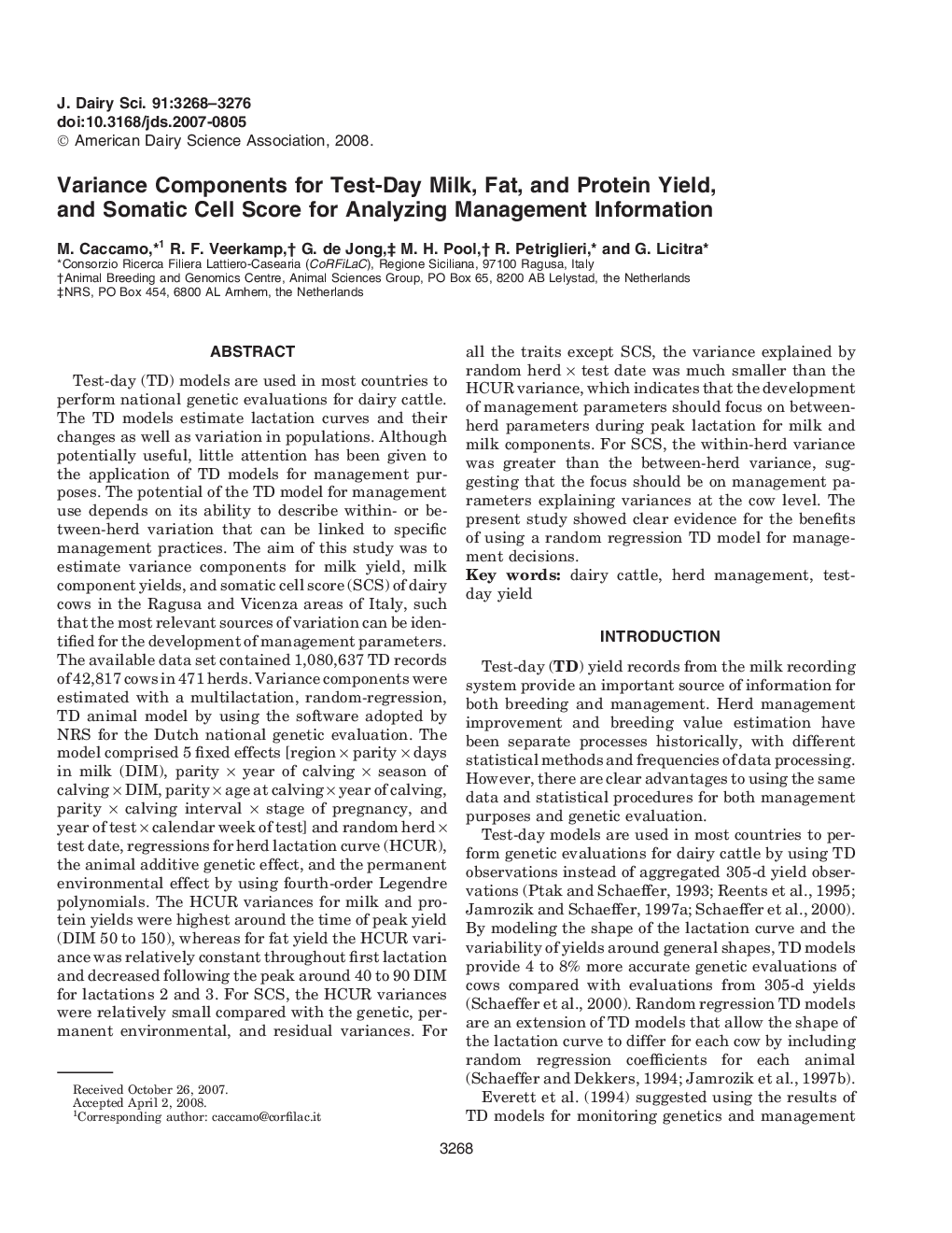 Variance Components for Test-Day Milk, Fat, and Protein Yield, and Somatic Cell Score for Analyzing Management Information