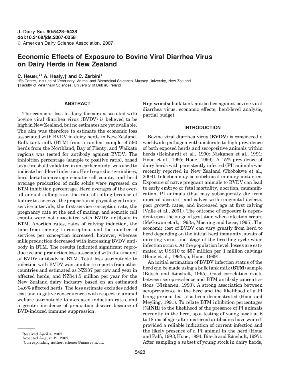 Economic Effects of Exposure to Bovine Viral Diarrhea Virus on Dairy Herds in New Zealand