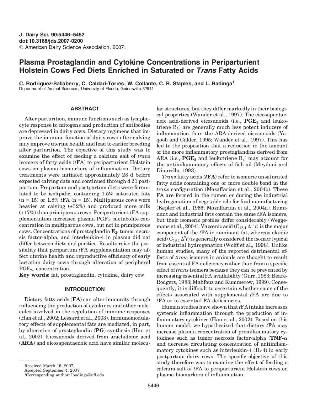 Plasma Prostaglandin and Cytokine Concentrations in Periparturient Holstein Cows Fed Diets Enriched in Saturated or Trans Fatty Acids