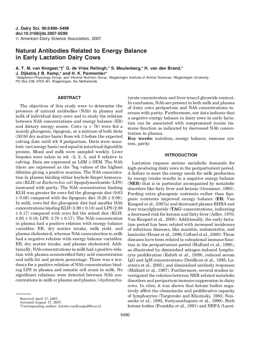 Natural Antibodies Related to Energy Balance in Early Lactation Dairy Cows