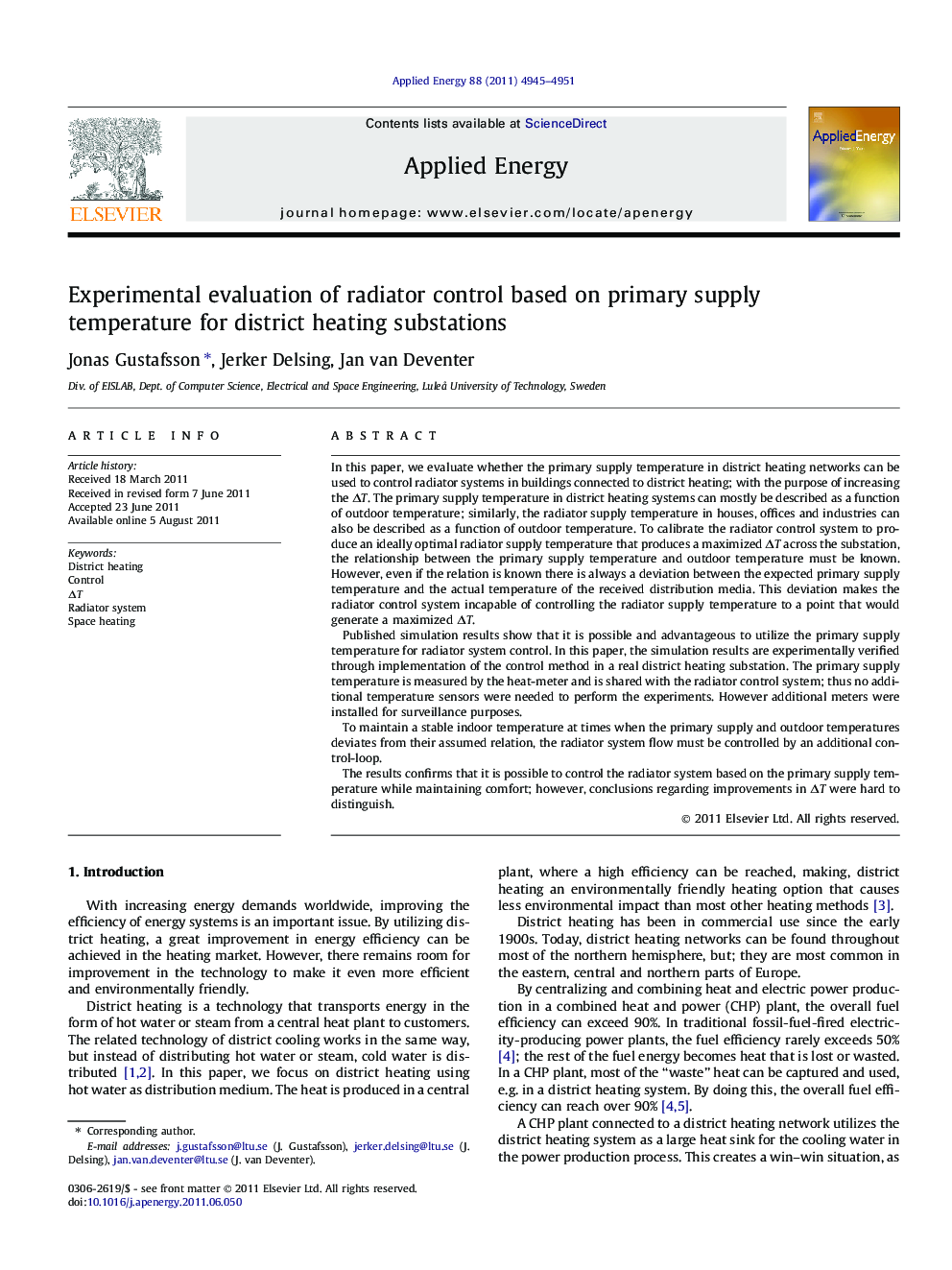 Experimental evaluation of radiator control based on primary supply temperature for district heating substations