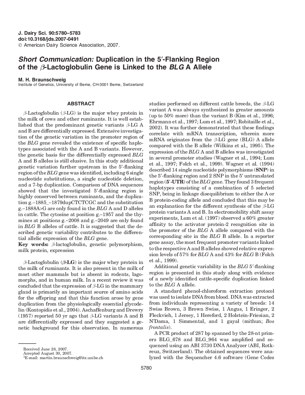 Short Communication: Duplication in the 5â²-Flanking Region of the Î²-Lactoglobulin Gene is Linked to the BLG A Allele