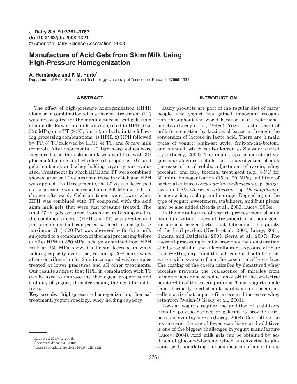 Manufacture of Acid Gels from Skim Milk Using High-Pressure Homogenization