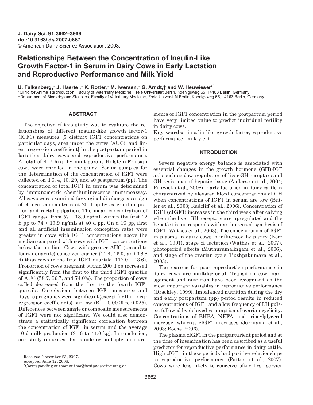 Relationships Between the Concentration of Insulin-Like Growth Factor-1 in Serum in Dairy Cows in Early Lactation and Reproductive Performance and Milk Yield