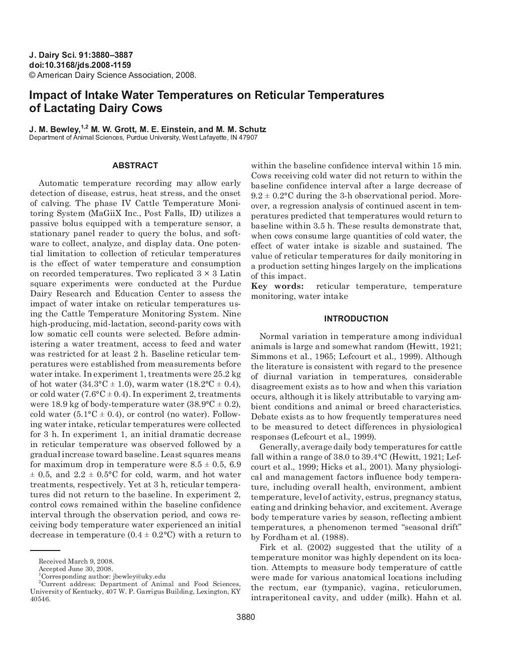 Impact of Intake Water Temperatures on Reticular Temperatures of Lactating Dairy Cows