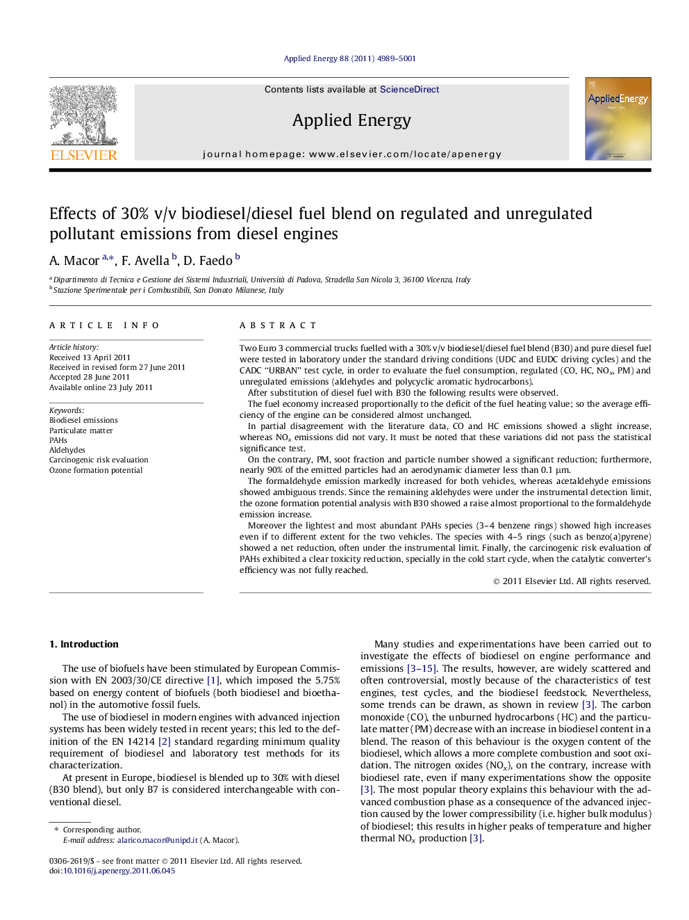 Effects of 30% v/v biodiesel/diesel fuel blend on regulated and unregulated pollutant emissions from diesel engines