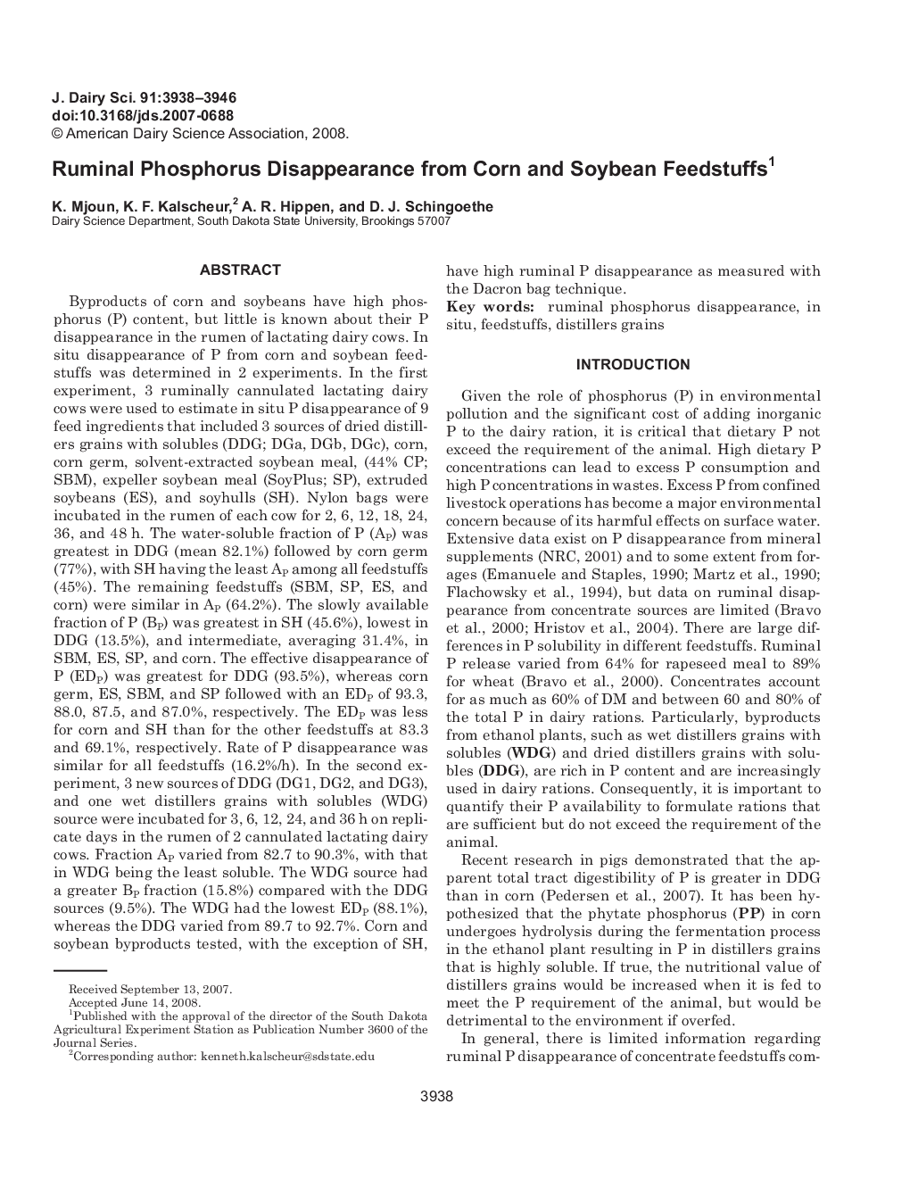 Ruminal Phosphorus Disappearance from Corn and Soybean Feedstuffs1