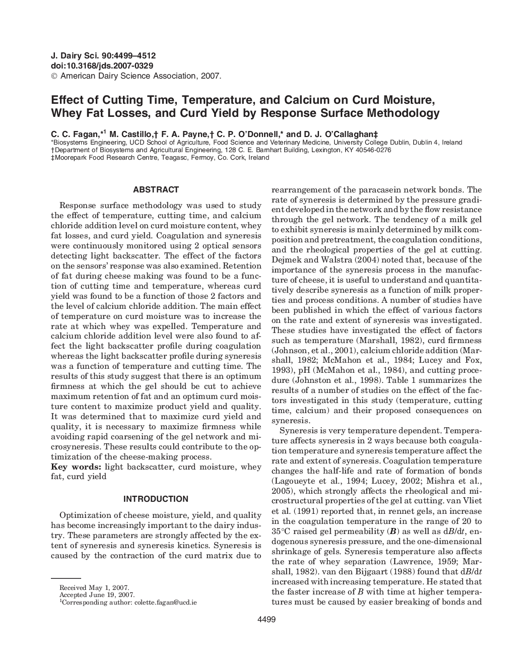 Effect of Cutting Time, Temperature, and Calcium on Curd Moisture, Whey Fat Losses, and Curd Yield by Response Surface Methodology