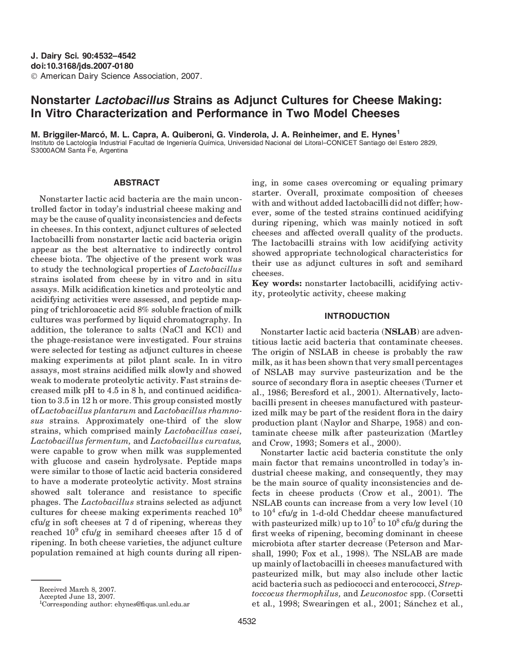 Nonstarter Lactobacillus Strains as Adjunct Cultures for Cheese Making: In Vitro Characterization and Performance in Two Model Cheeses