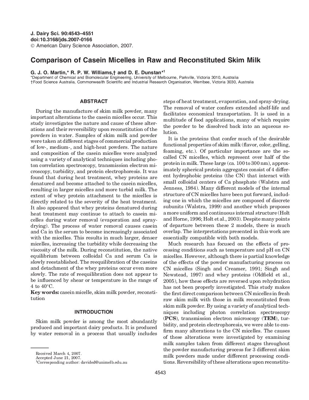 Comparison of Casein Micelles in Raw and Reconstituted Skim Milk