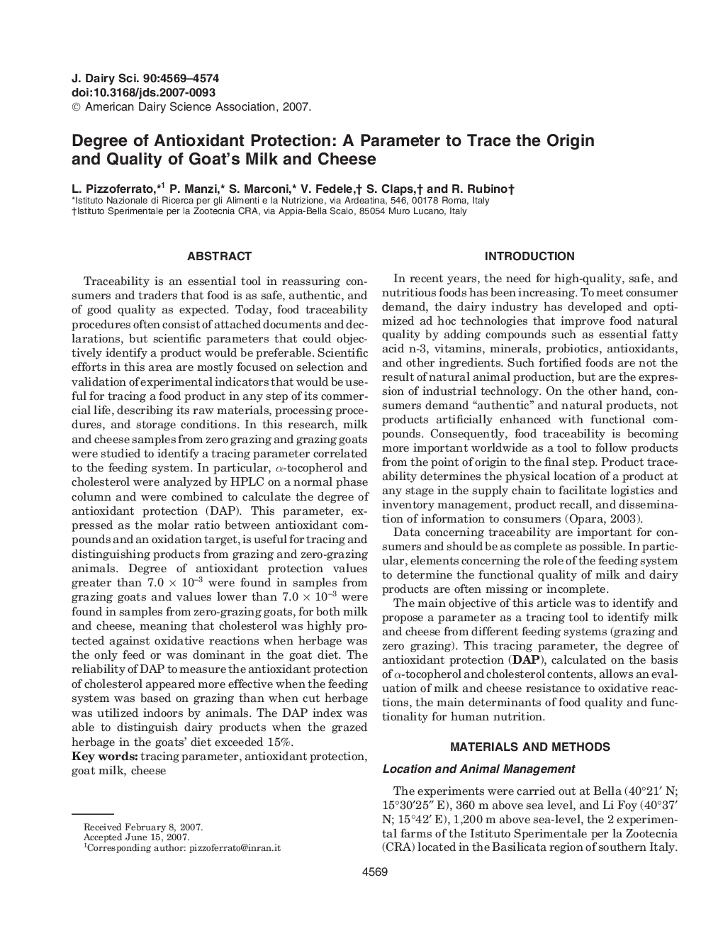 Degree of Antioxidant Protection: A Parameter to Trace the Origin and Quality of Goat's Milk and Cheese