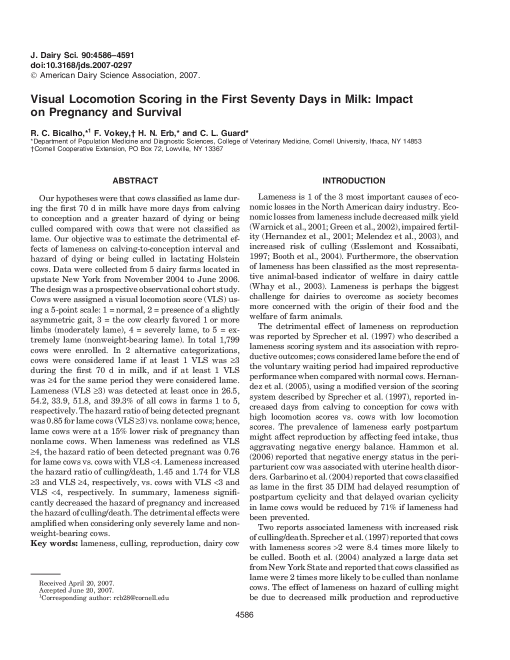 Visual Locomotion Scoring in the First Seventy Days in Milk: Impact on Pregnancy and Survival